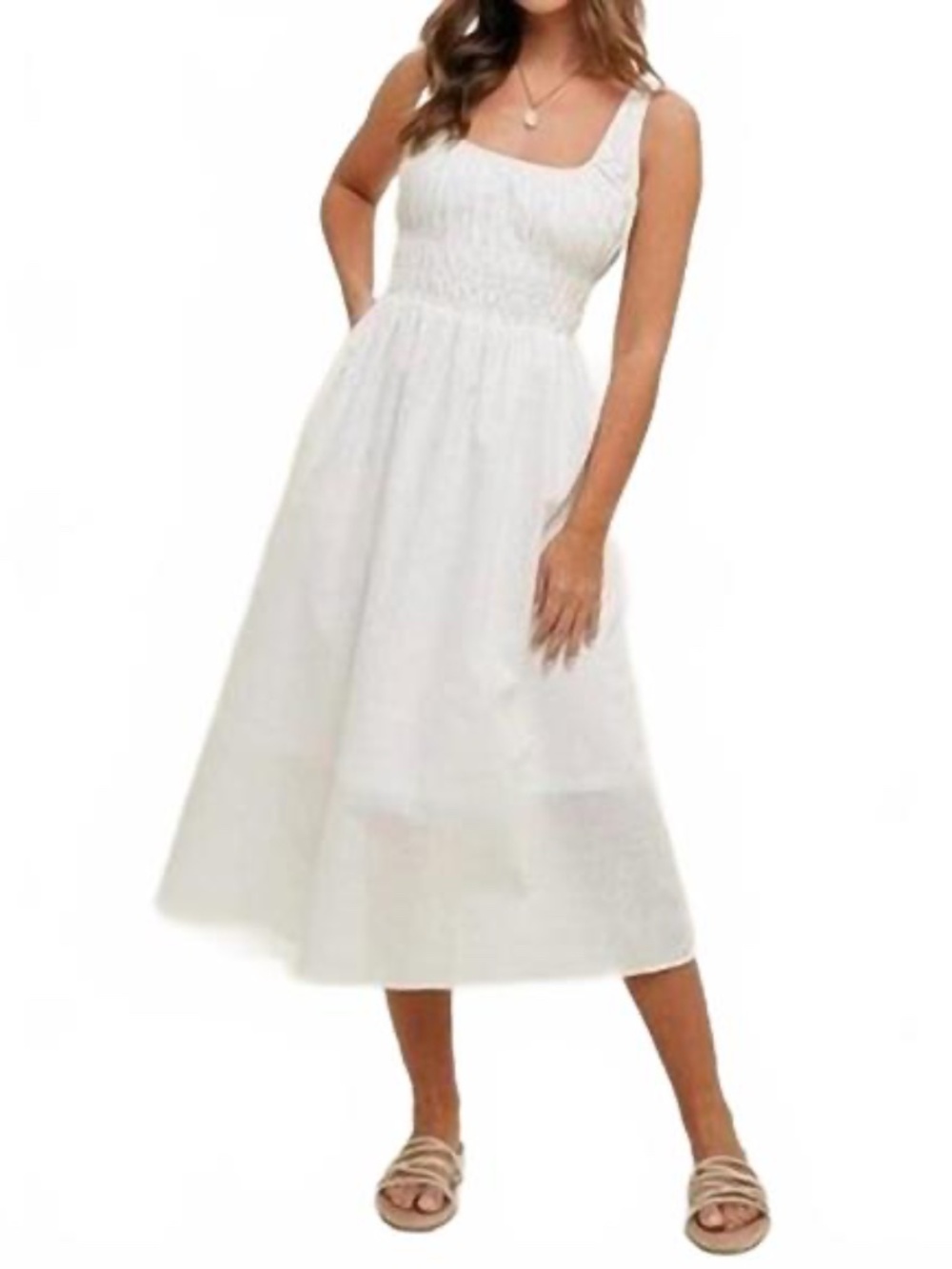 WISHLIST Apparel Midi smocked waist detail midi dress in white M with Pockets